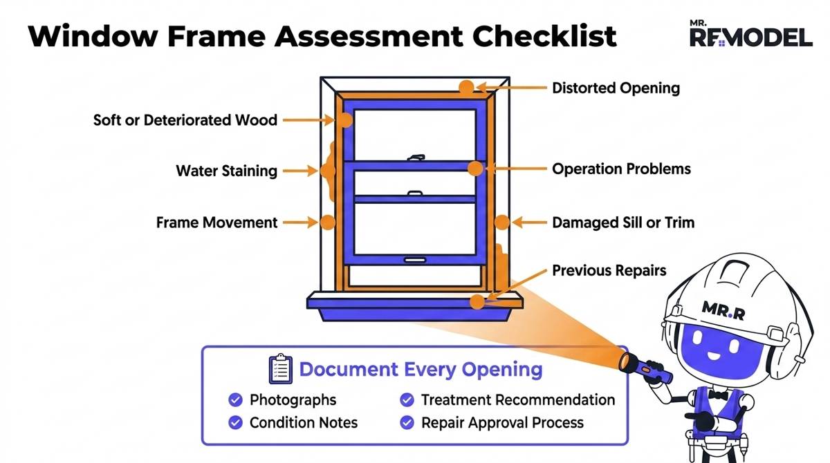 Window frame assessment checklist covering deterioration, water staining, movement, operation, distortion, trim, and previous repairs.